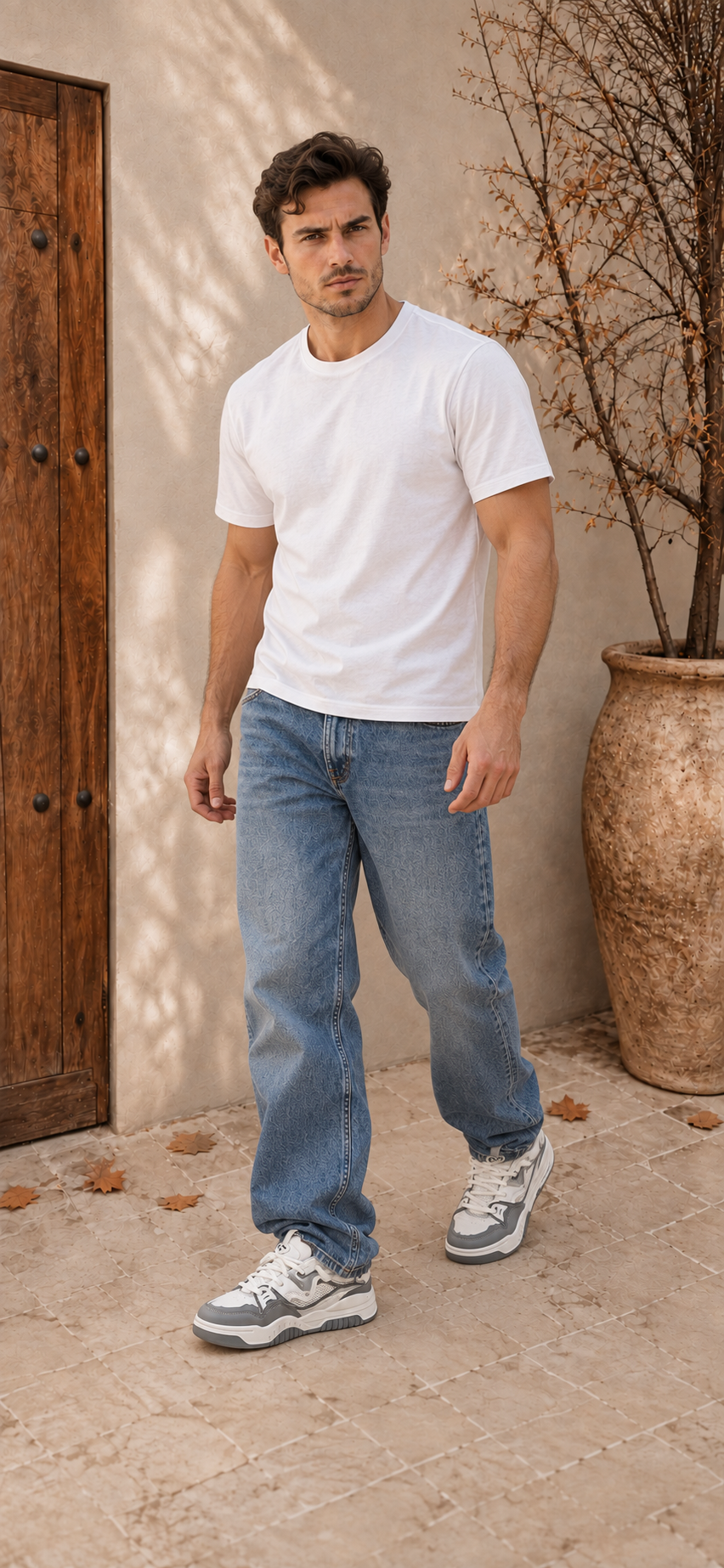 Lace-up men's sneakers with structured panel upper, padded collar, and thick molded rubber sole for everyday wear