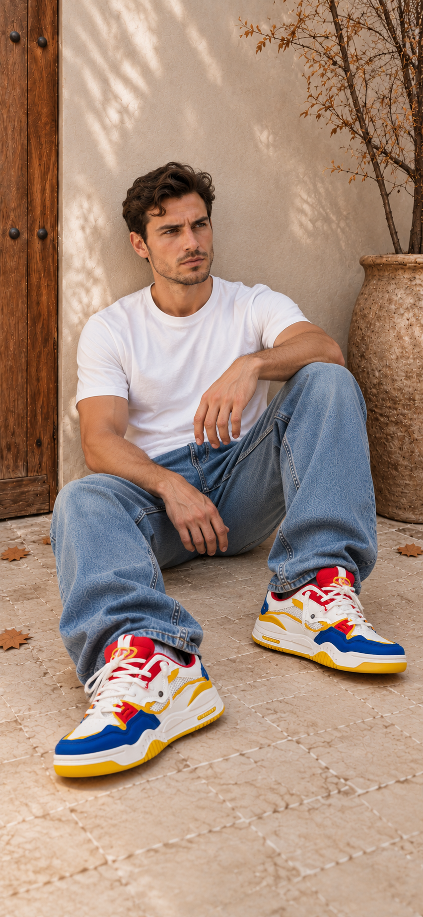 Men's low-top sneakers with chunky rubber sole, front lacing, padded tongue, and contrast panel stitching