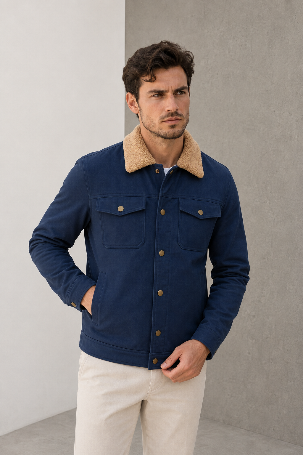Men's autumn winter jacket with shearling-look collar, regular fit, and reinforced seam detailing