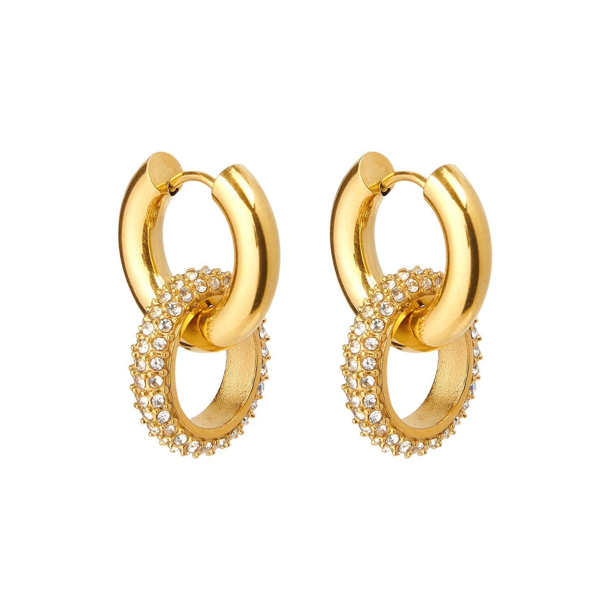 Gold-toned double hoop earrings for pierced ears shown from a side angle highlighting ring depth