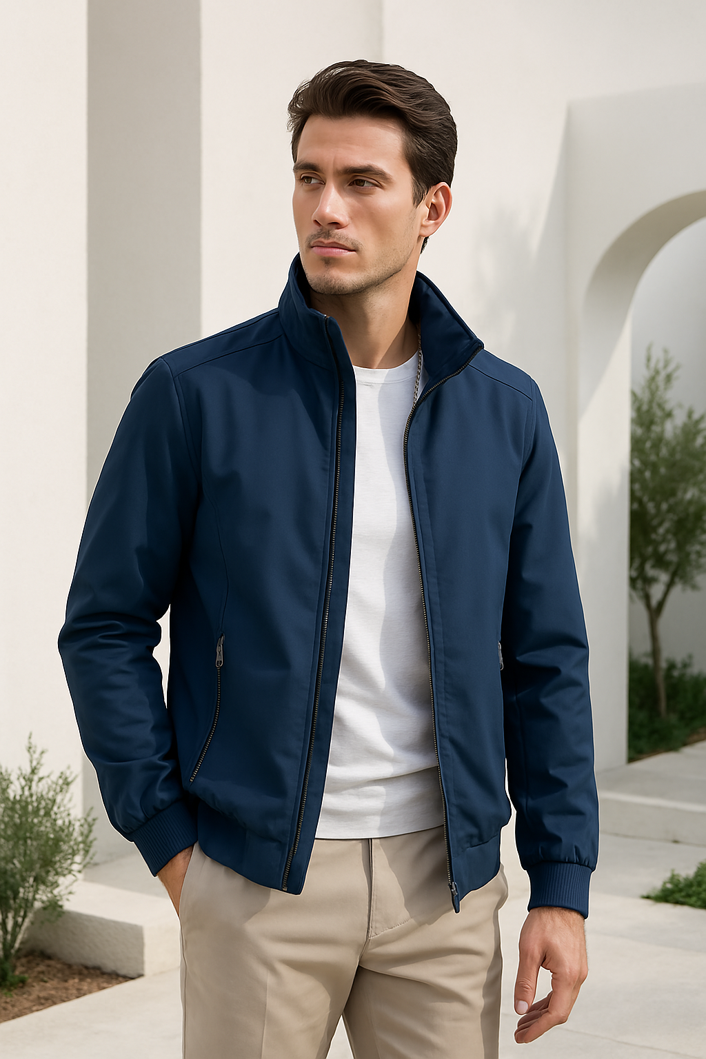Veste légère à col montant et poches zippées, silhouette épurée pour homme
