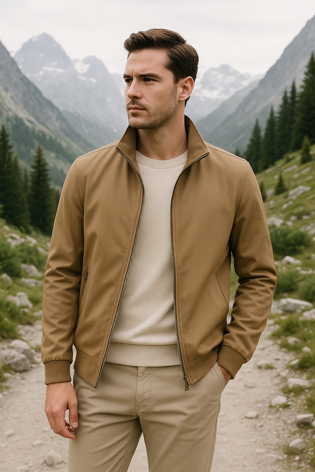 Veste légère à col montant zippé, poches latérales, usage casual homme