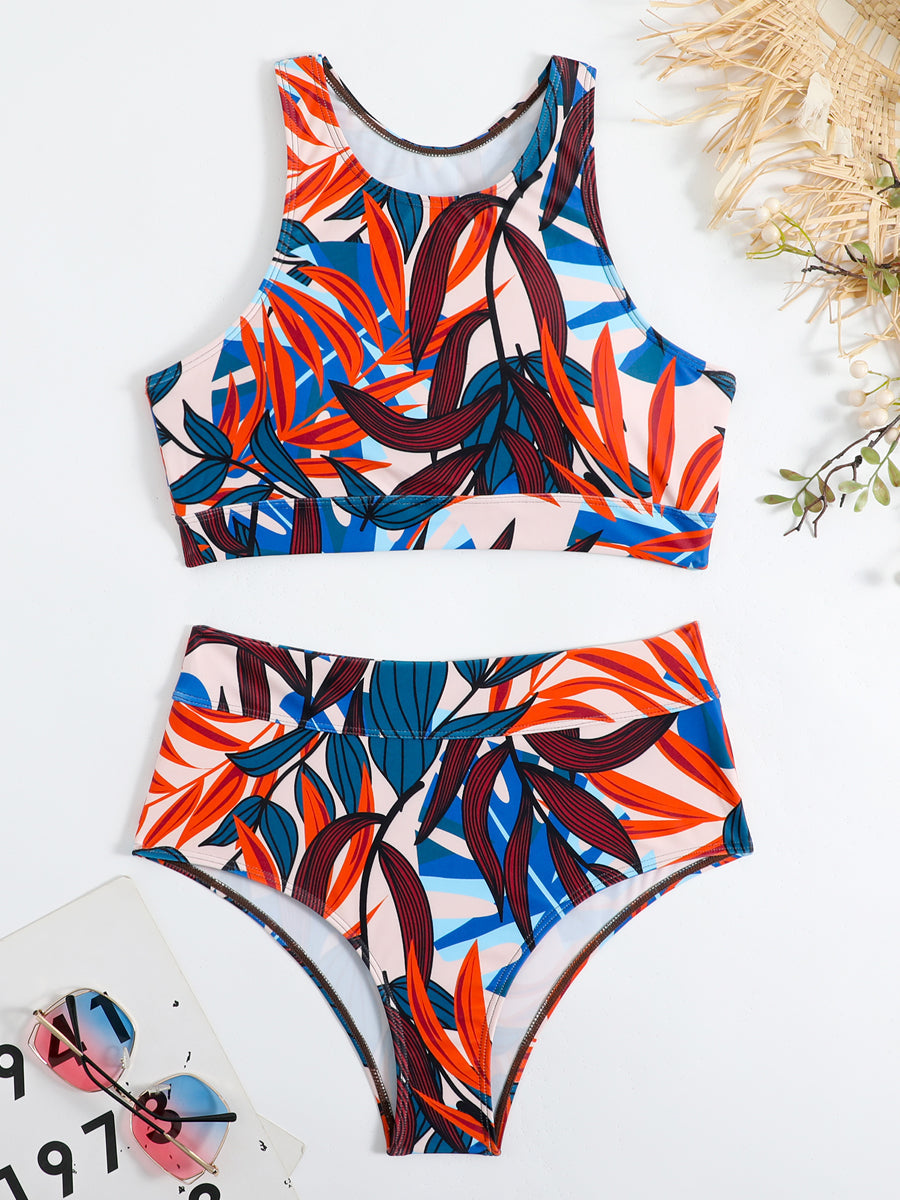 Ensemble bikini femme taille haute, haut col montant à coupe ajustée, style sport