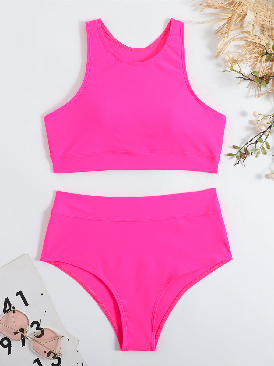Maillot deux pièces femme, haut col montant et bas taille haute, ensemble sport ajusté