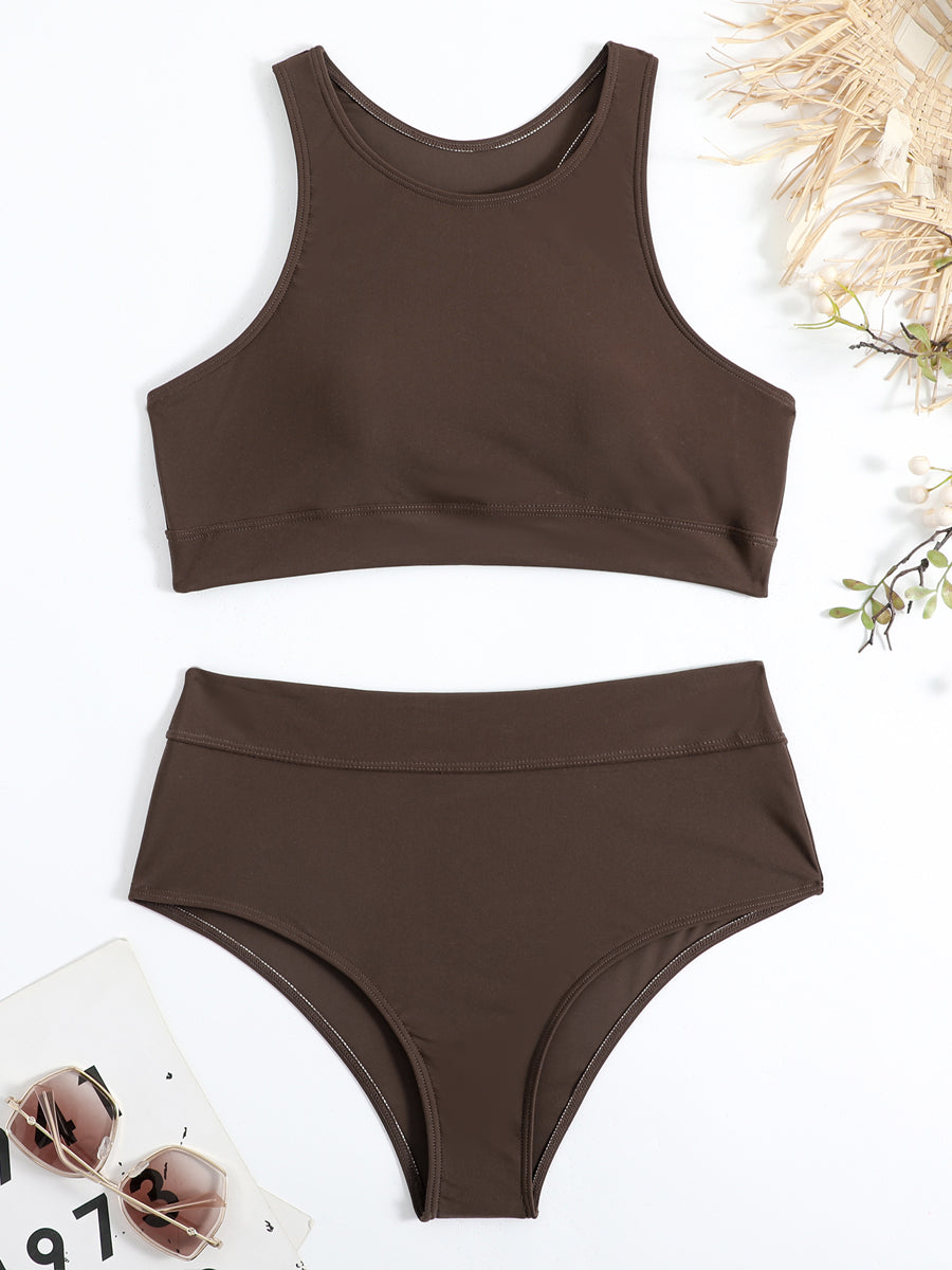 Ensemble bikini sport femme, bas taille haute et haut col montant, silhouette gainée