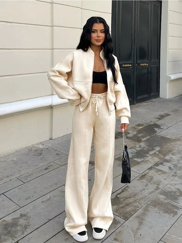 Pantalon large taille haute à cordon ajustable, tissu doux mi-épais pour femme