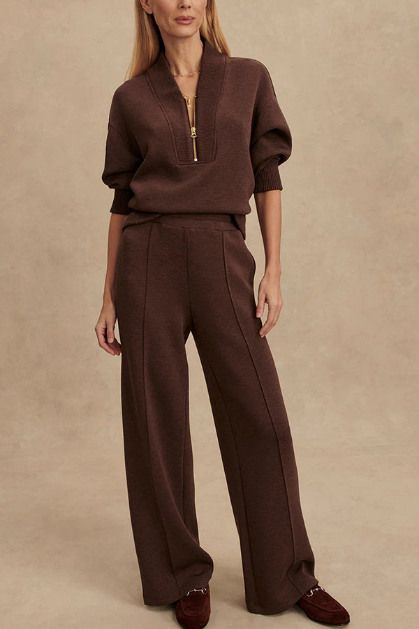 Ensemble femme marron en coton haut zippé et pantalon large