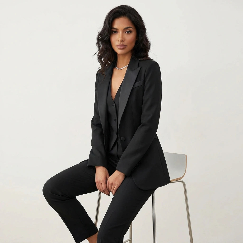 Ensemble tailleur trois pièces femme avec blazer, gilet et pantalon ajusté