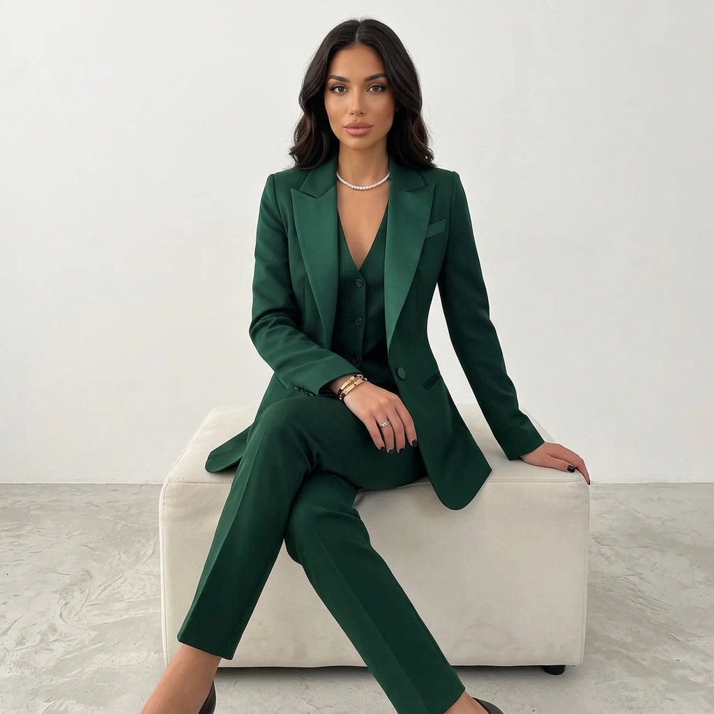 Pantalon droit et blazer ajusté d'un ensemble tailleur trois pièces femme