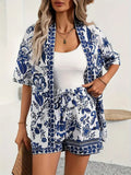 Ensemble deux pièces imprimé fleuri, chemise à manches courtes et short taille haute, femme
