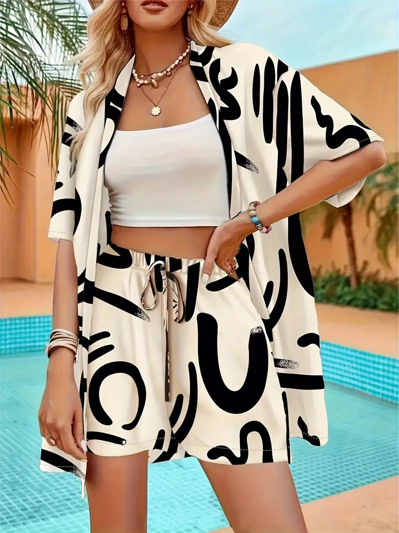 Ensemble deux pièces imprimé, chemise courte et short taille élastiquée, femme