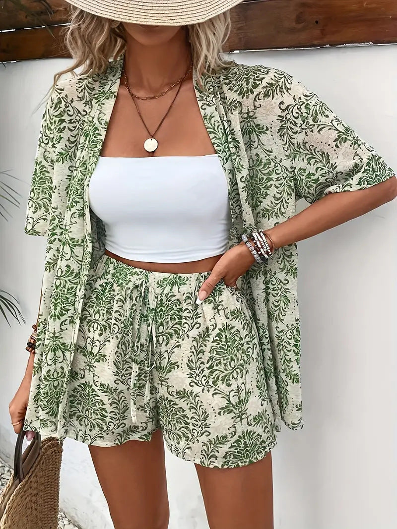 Ensemble imprimé fleuri, haut col ouvert manches courtes et short coordonné, femme
