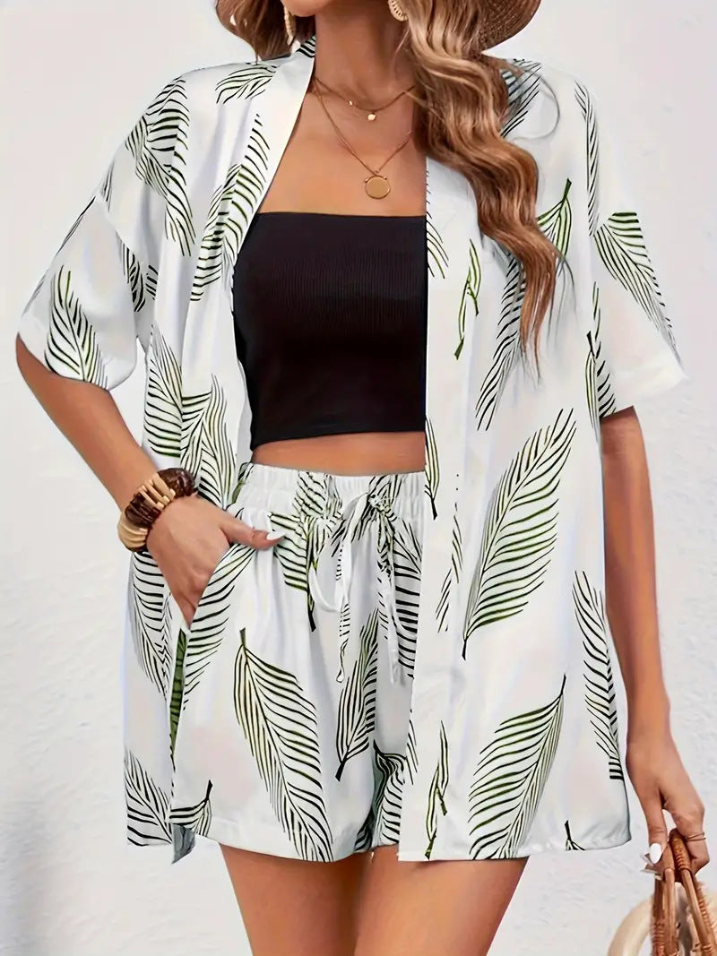Ensemble haut et short à imprimé floral, coupe décontractée taille élastiquée, femme