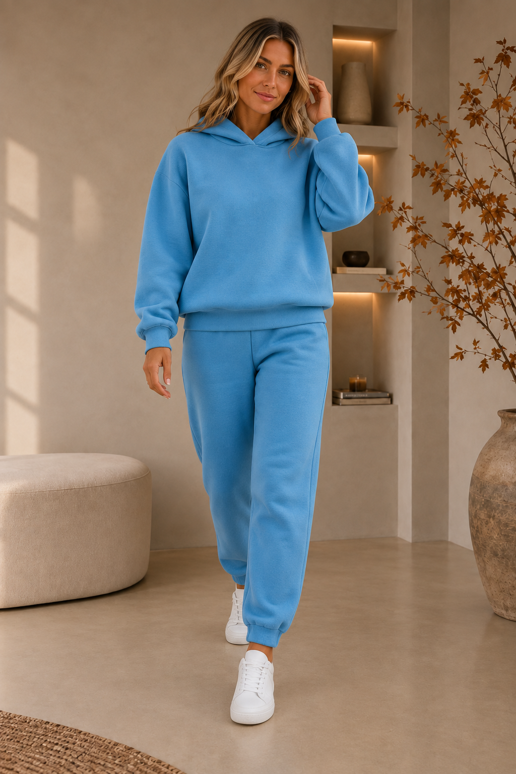 Women's blue knitted loungewear set front view