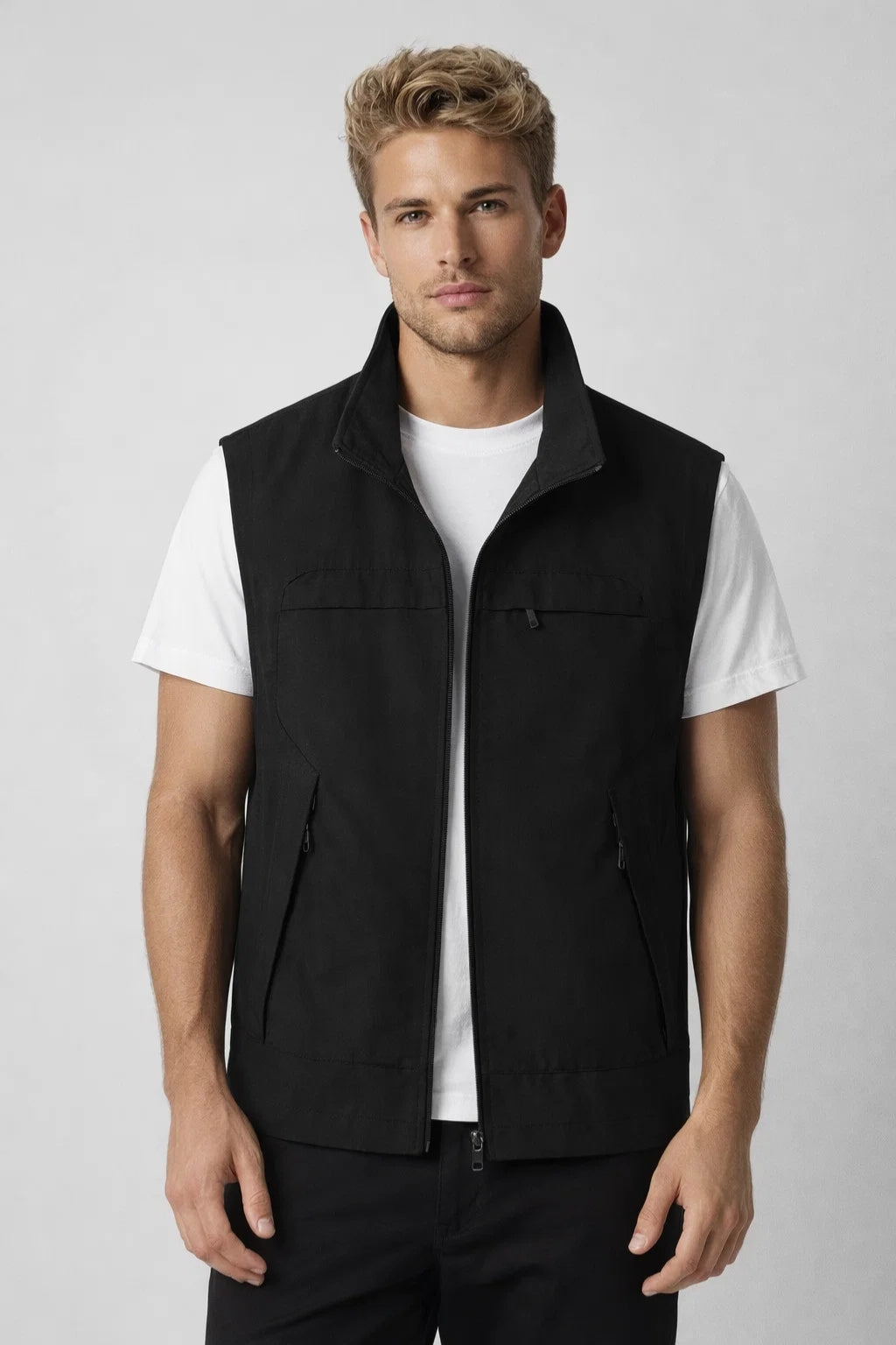 Gilet léger homme, col montant structuré, fermeture zippée et coupe droite