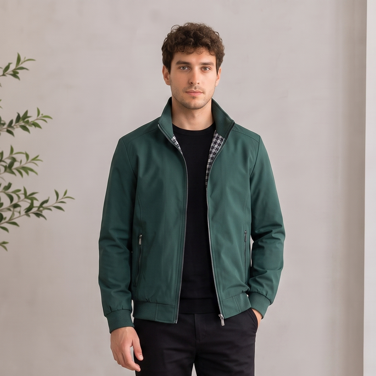 Woven men's jacket with zip closure and side pockets in regular fit