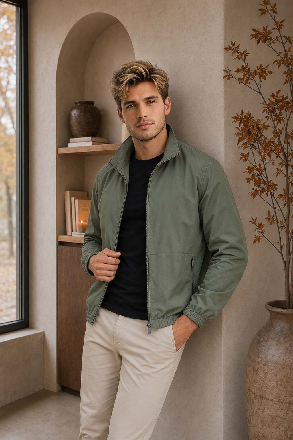 Men's regular fit lightweight jacket with stand-up collar and long sleeves