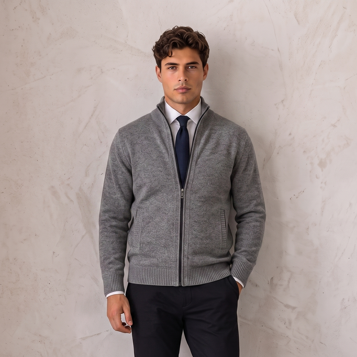 Men's wool-blend zip jacket with stand-up collar and knit texture