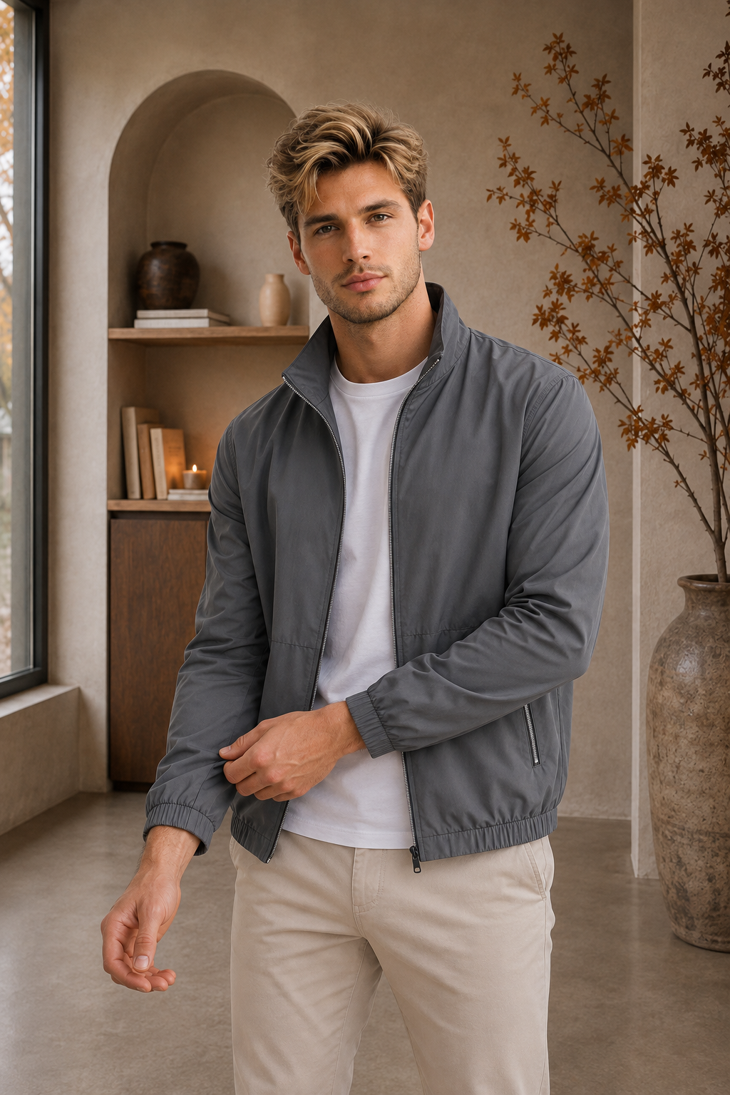 Lightweight men's jacket with front zipper, straight hem, and hip-length cut