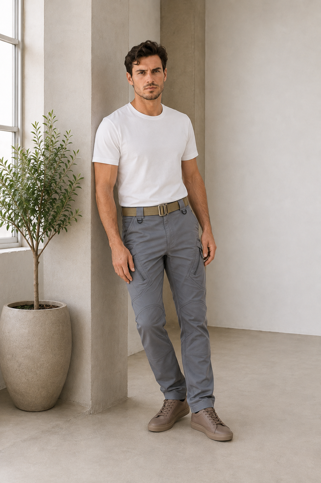 Men's cargo pants with side and front pockets, durable woven construction, and straight cut