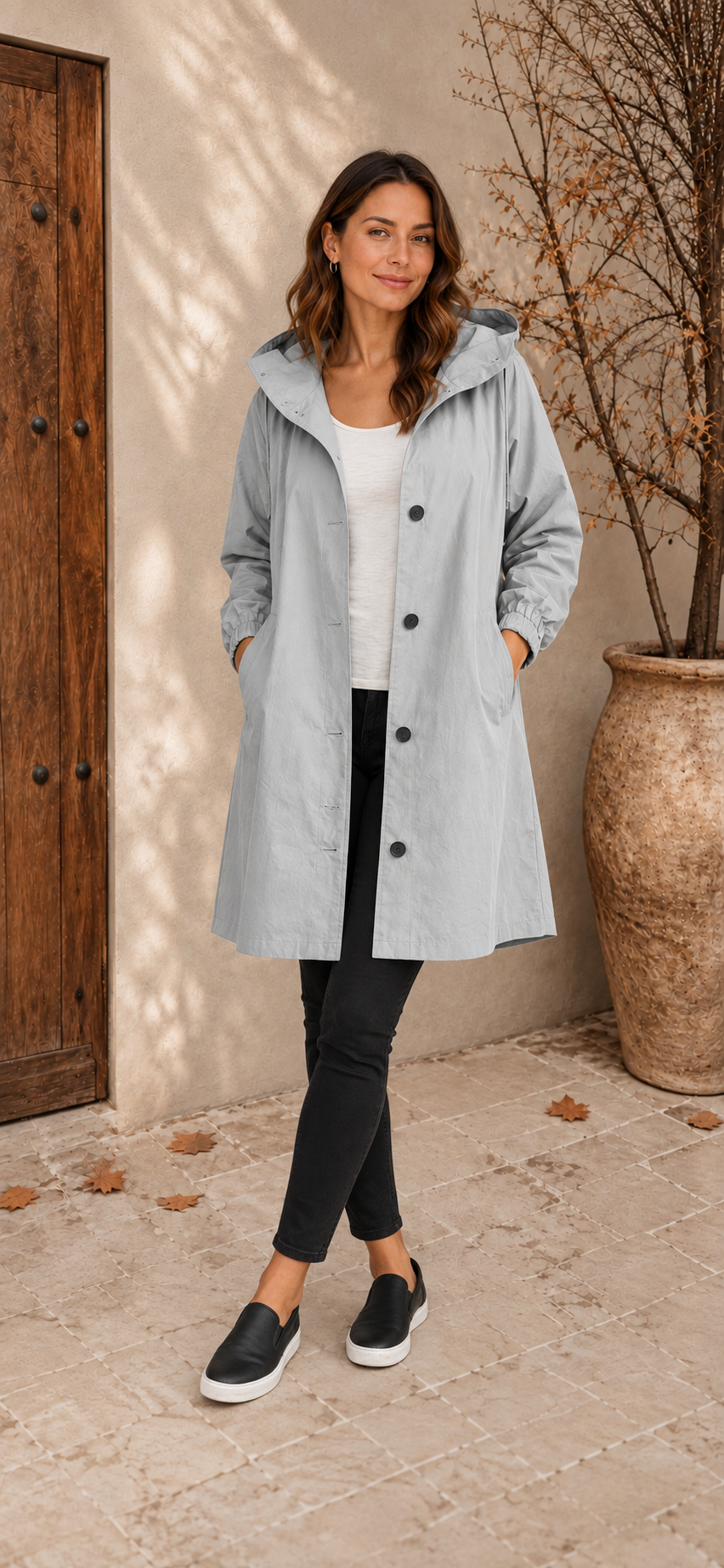 Gray lightweight hooded raincoat women front view