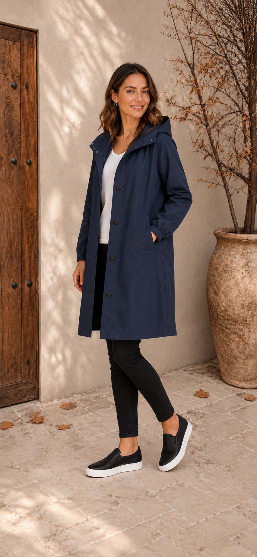 Navy blue mid-length raincoat women front view