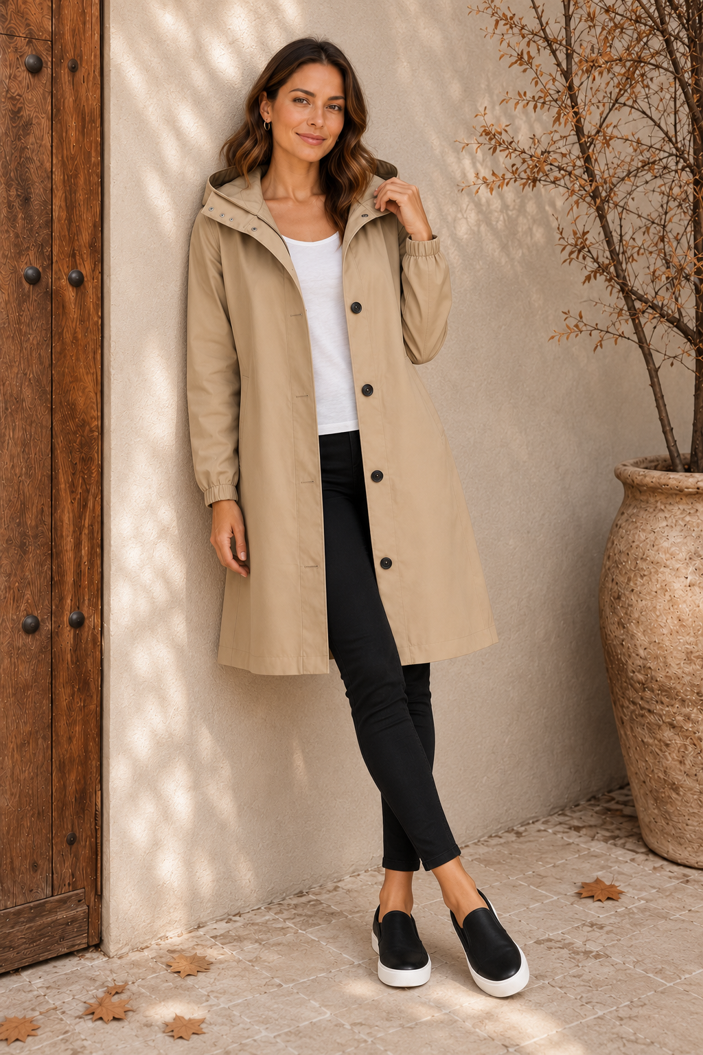 Khaki fitted raincoat women full-length front view