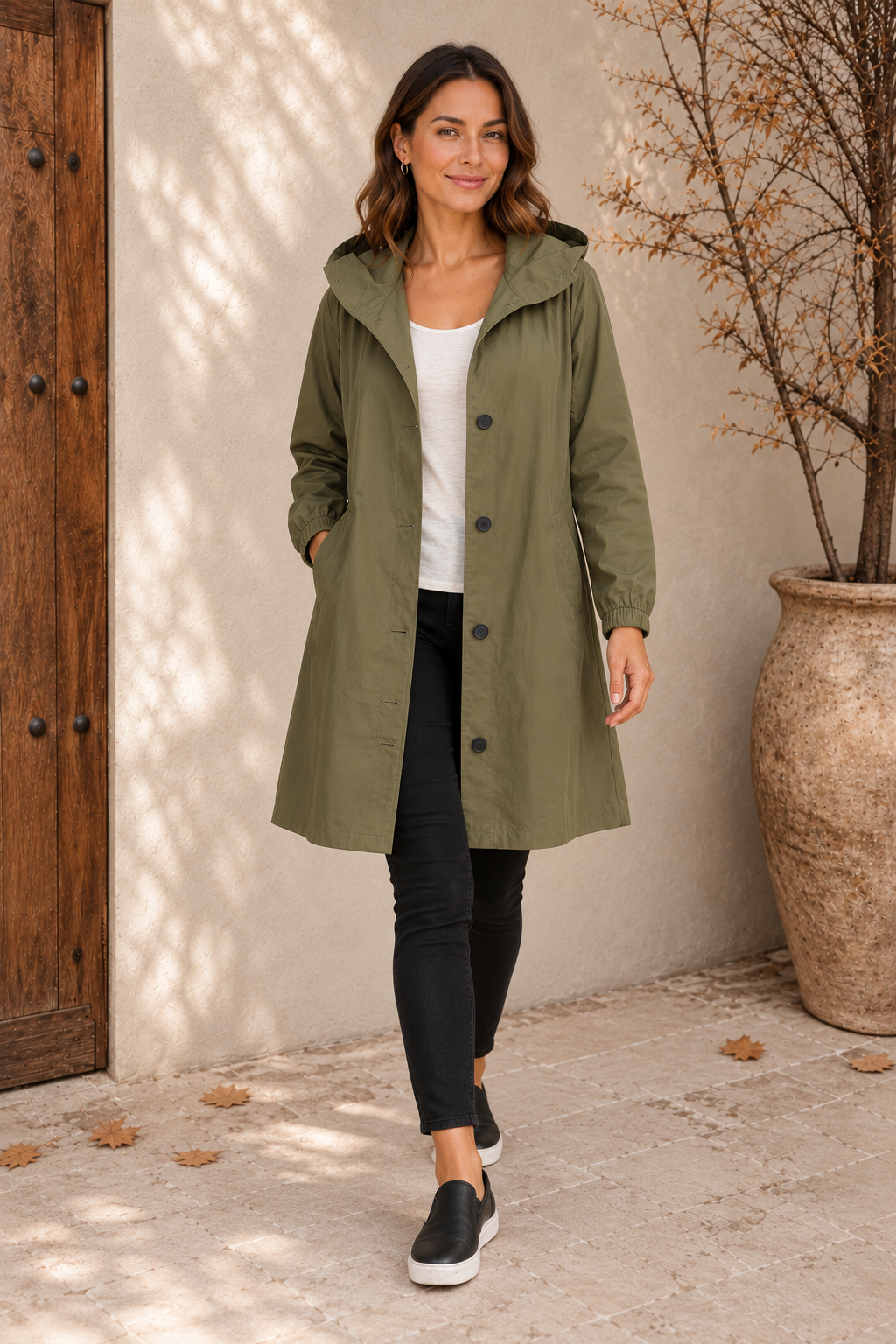Army green mid-length raincoat women front view