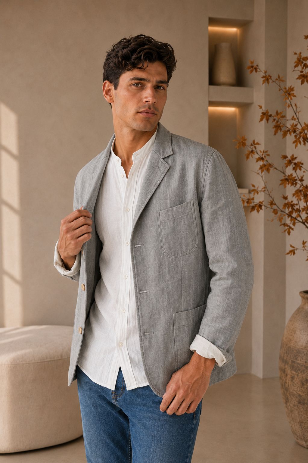 Men's woven fabric blazer with lapel collar and clean seam finishing