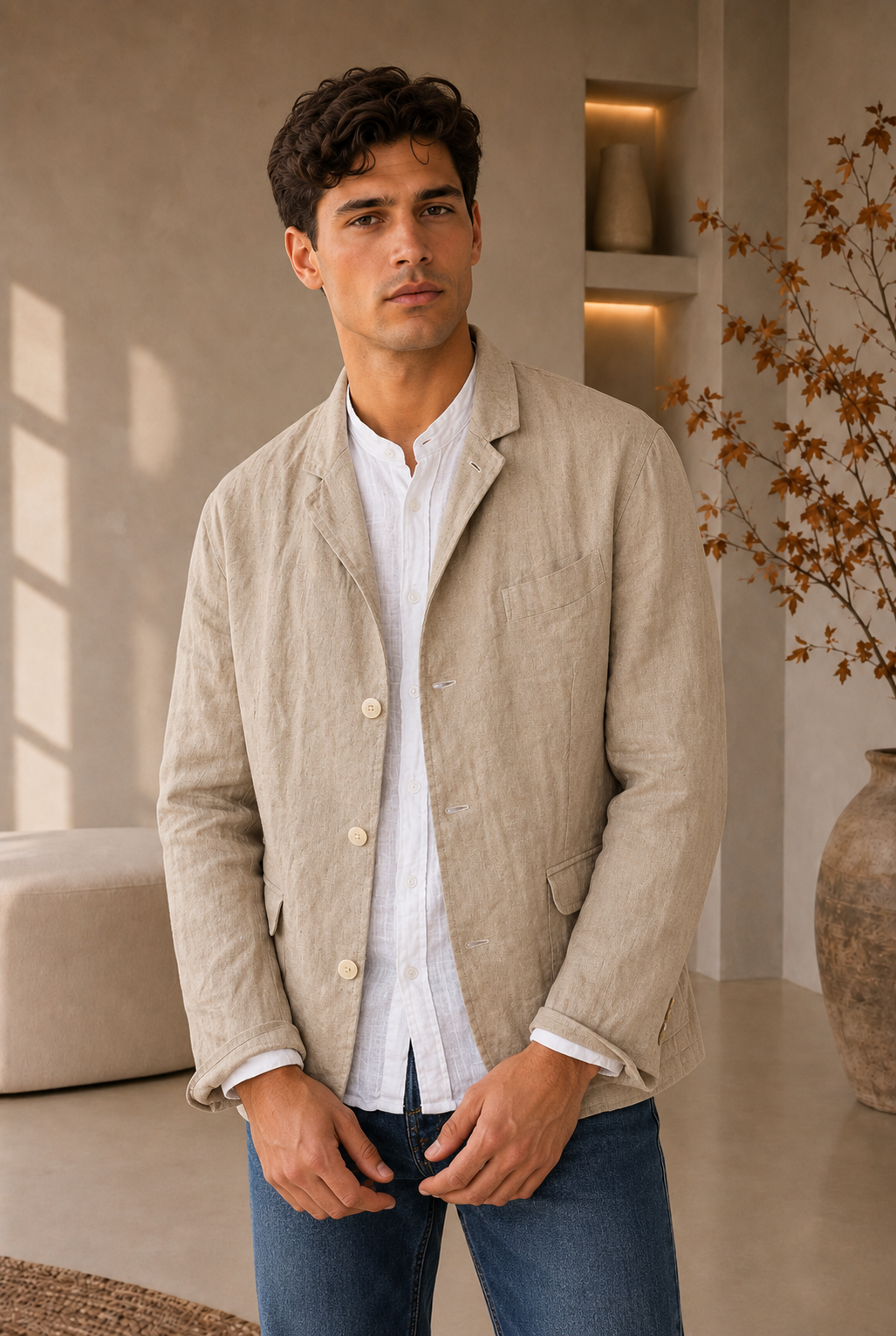 Men's relaxed silhouette blazer with front button closure and patch pockets