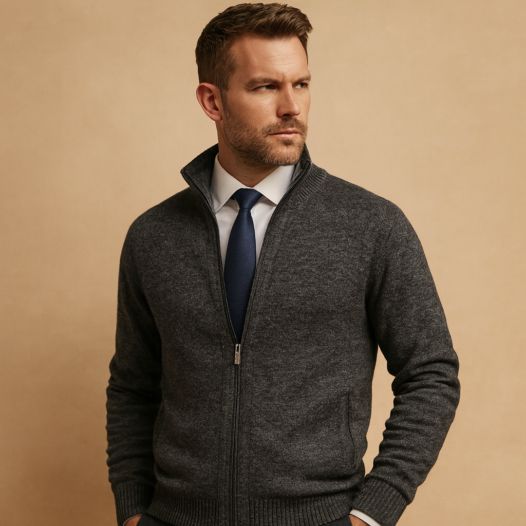 Knitted zip-up jacket for men with high ribbed collar and structured silhouette