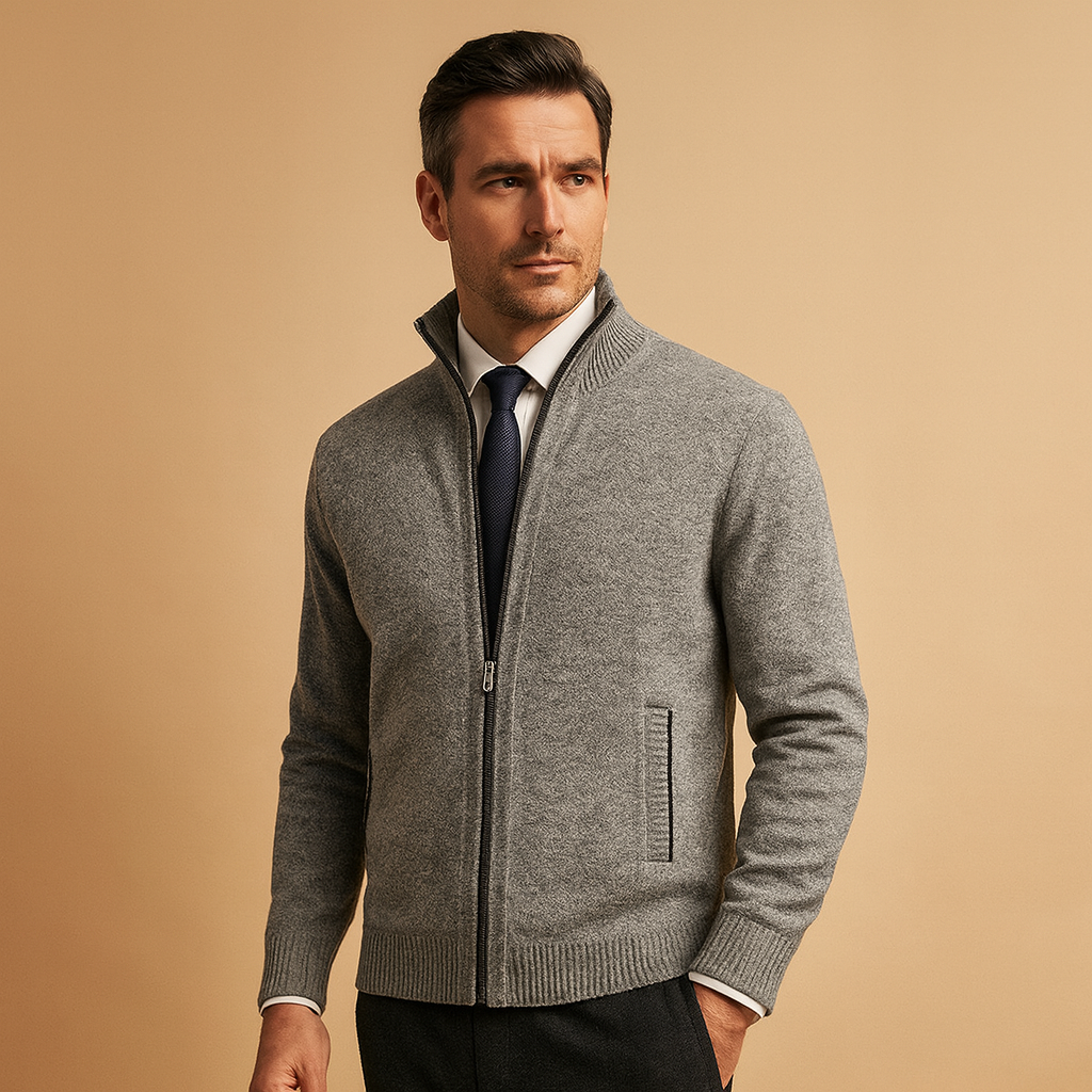 Men's regular fit knitted jacket with zipper closure and ribbed hem