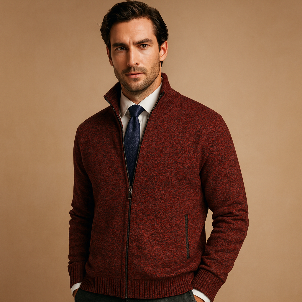 Men's zip-up knitted jacket with ribbed cuffs and high collar for autumn and spring