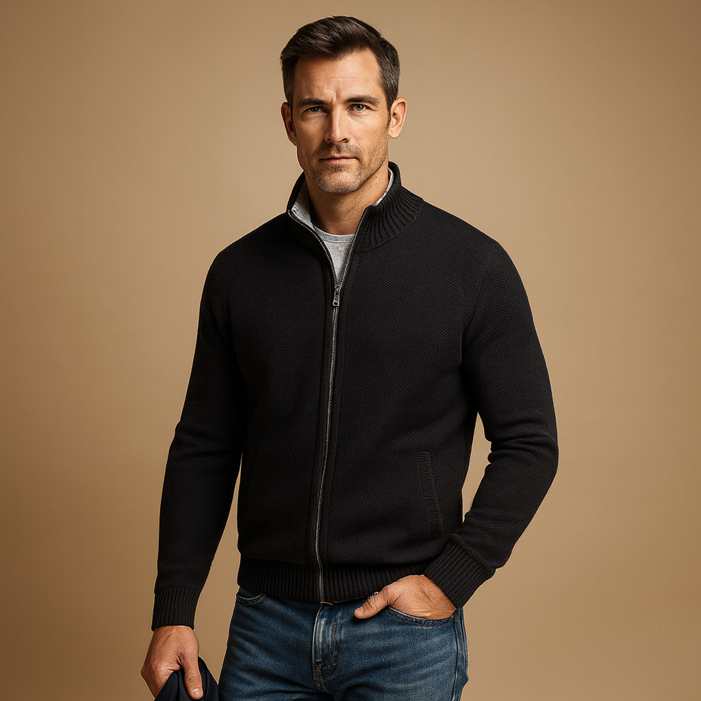 Men's textured knit jacket with full-length zipper and ribbed finishes at collar and hem