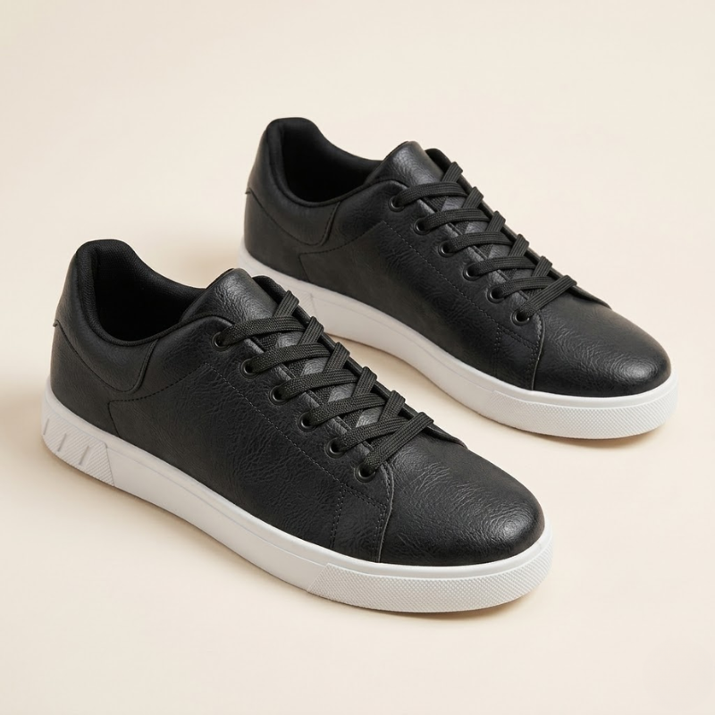 Men's low leather lace-up sneaker with padded collar and flat rubber sole