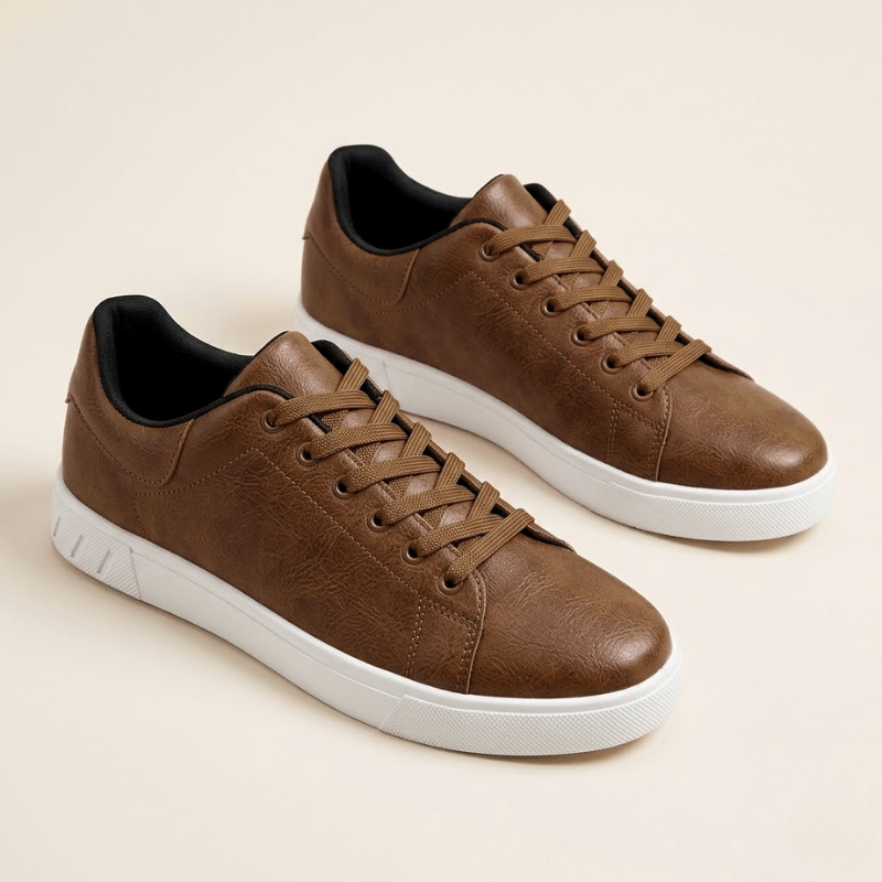 Low-profile men's lace-up leather sneaker with round toe and rubber outsole