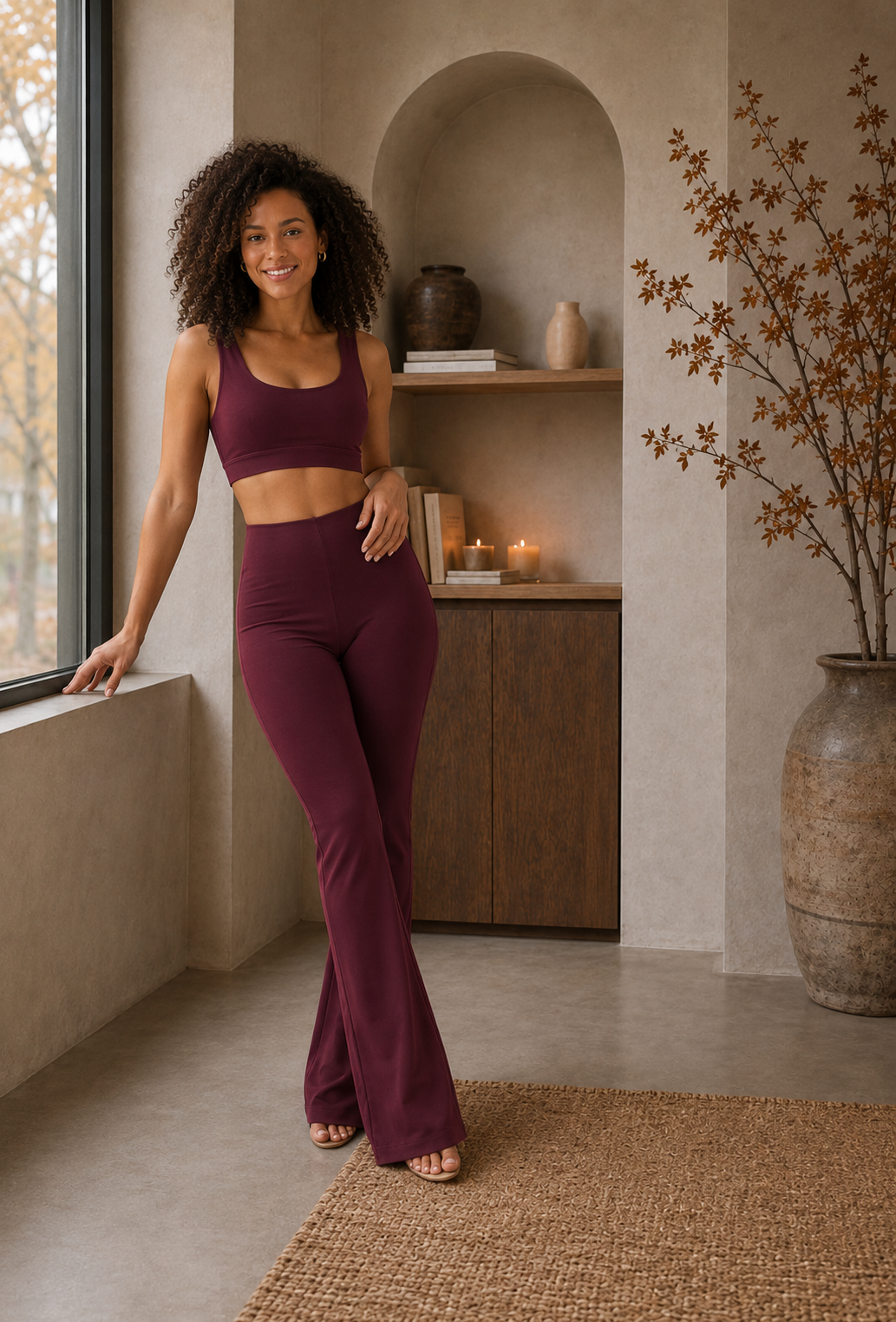 Women's high waisted flared trousers in Burgundy full length