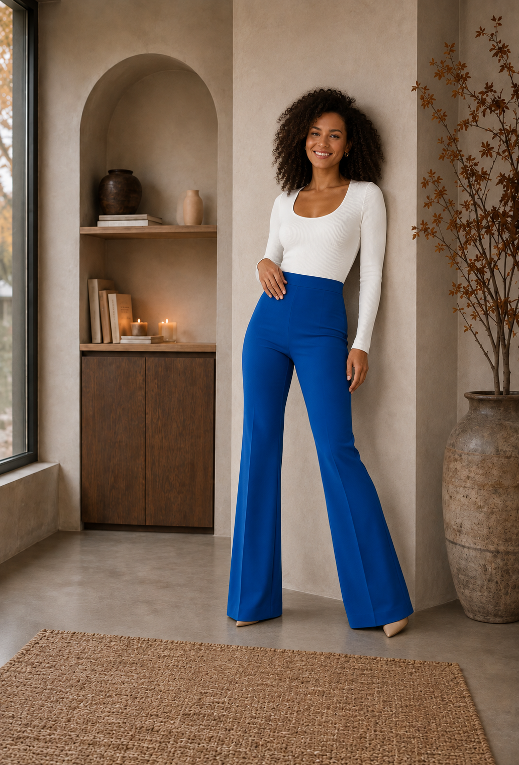 Women's high waisted flared trousers in Blue full length