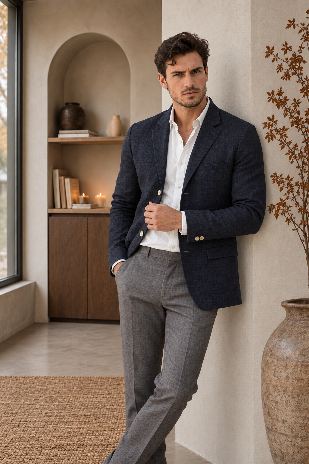 Men's navy linen-blend blazer with notched lapel and button front