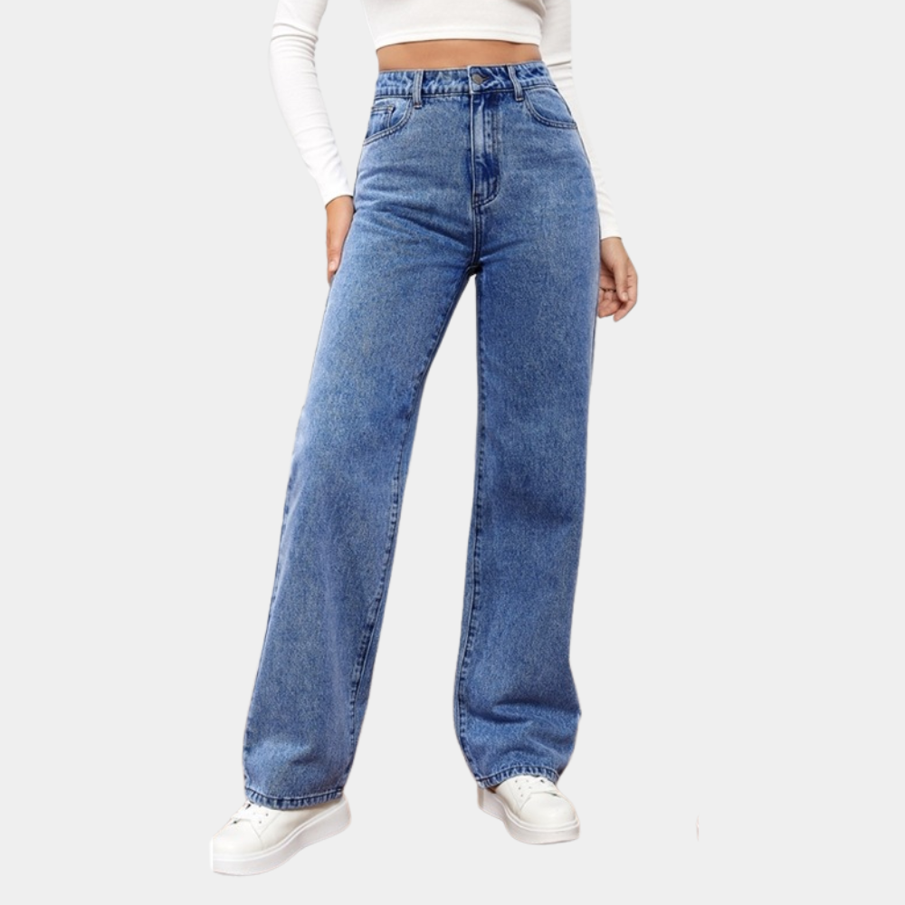 Jean femme droit taille haute en denim bleu