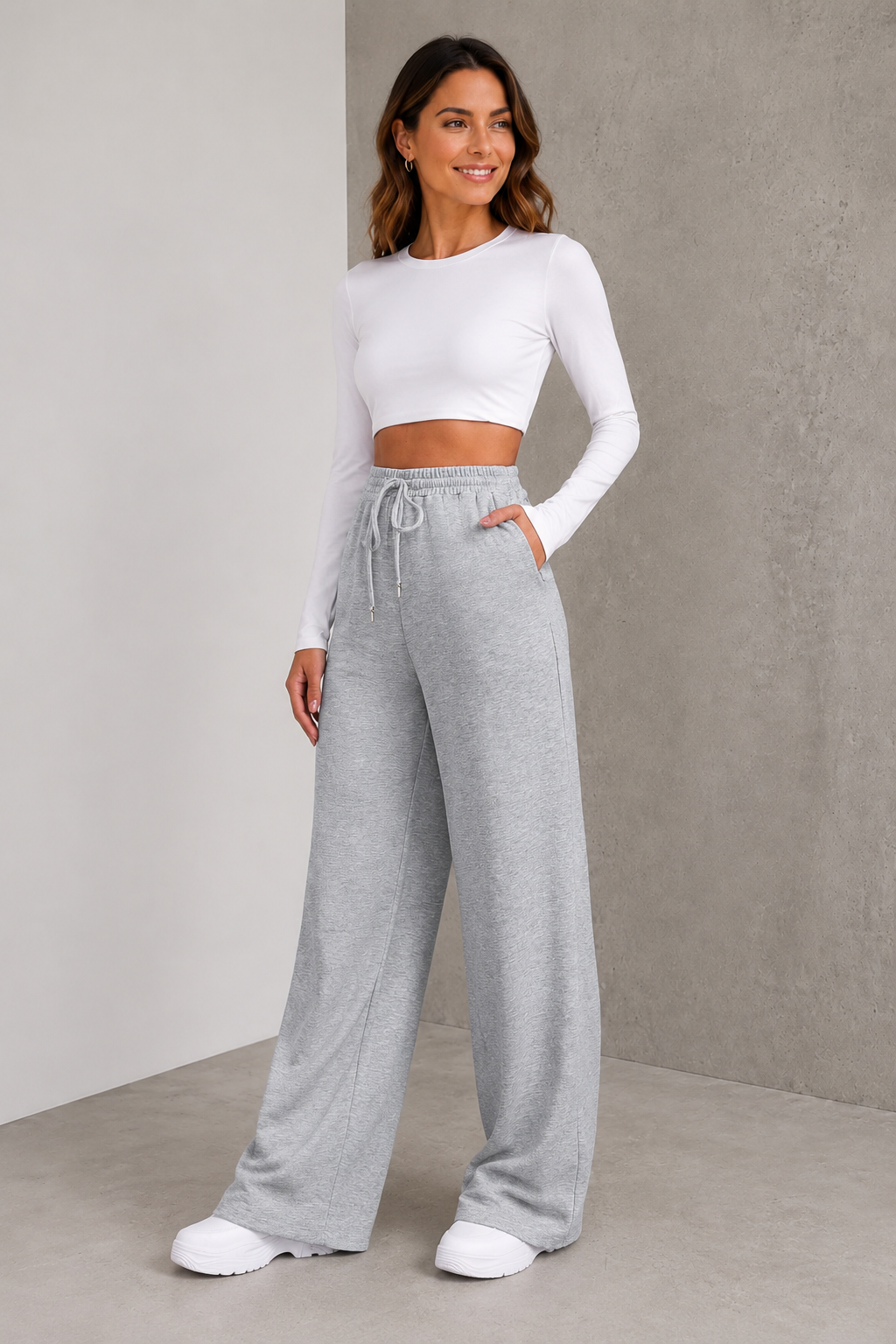 Wide-leg woven trousers for women with straight full-length silhouette