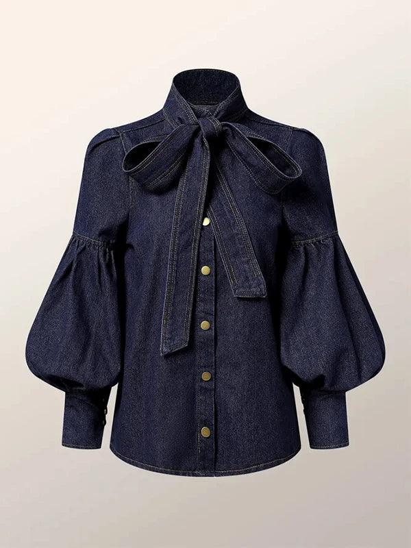 Chemisier en denim avec nœud au col et manches bouffantes