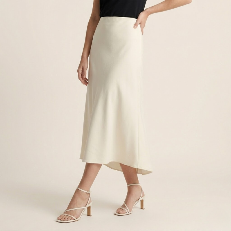 Jupe longue satinée coupée en biais à taille haute, silhouette fluide