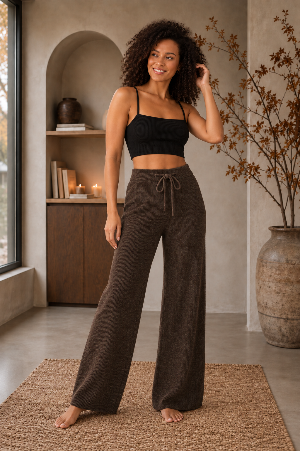 Women's wide-leg knitted pants with adjustable drawstring, soft textured fabric, full length