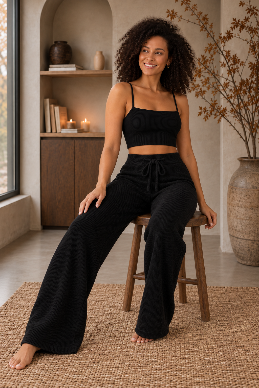 Women's knitted wide-leg trousers with drawstring waist, relaxed drape and full-length cut
