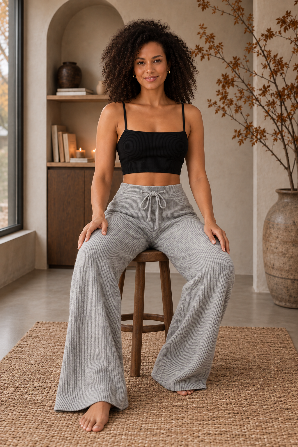 Women's soft knitted pants with wide legs and adjustable drawstring, year-round wearable