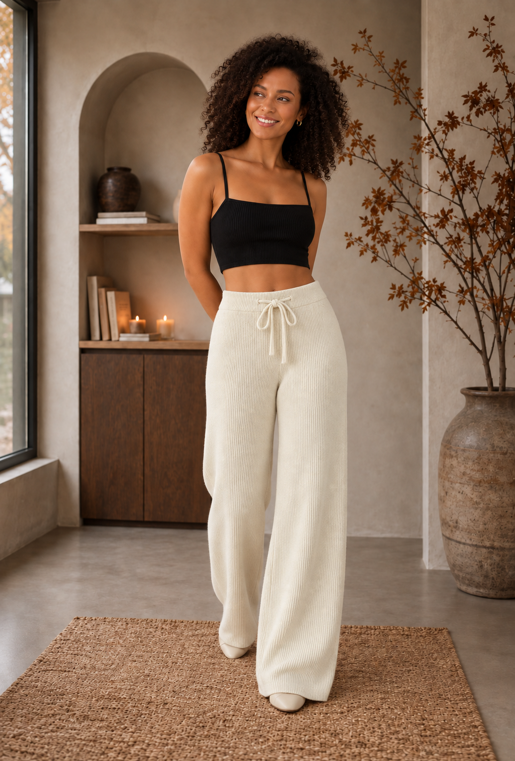 Women's soft knitted pants with wide legs and adjustable drawstring, year-round wearable