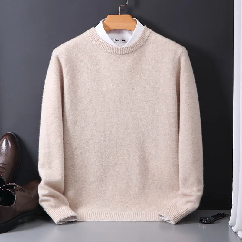 Men's knitted crewneck sweater showing ribbed collar and soft knit texture detail