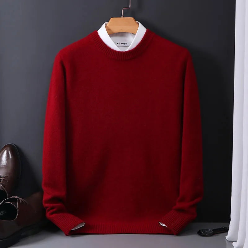 Men's classic crewneck sweater worn in a relaxed regular fit, three-quarter view
