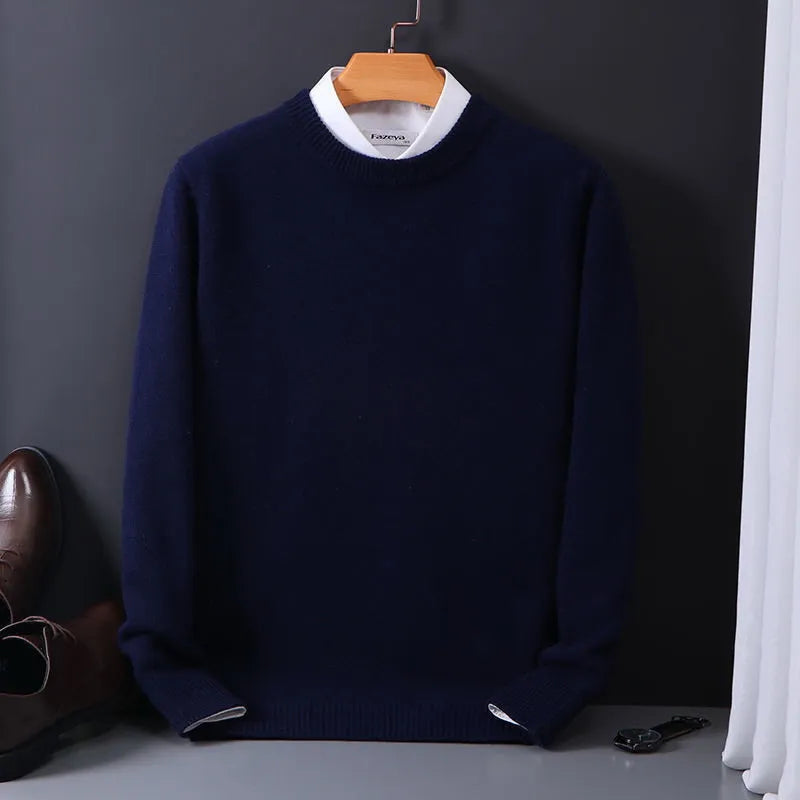 Men's classic knitted sweater with clean crewneck finish, alternate angle view